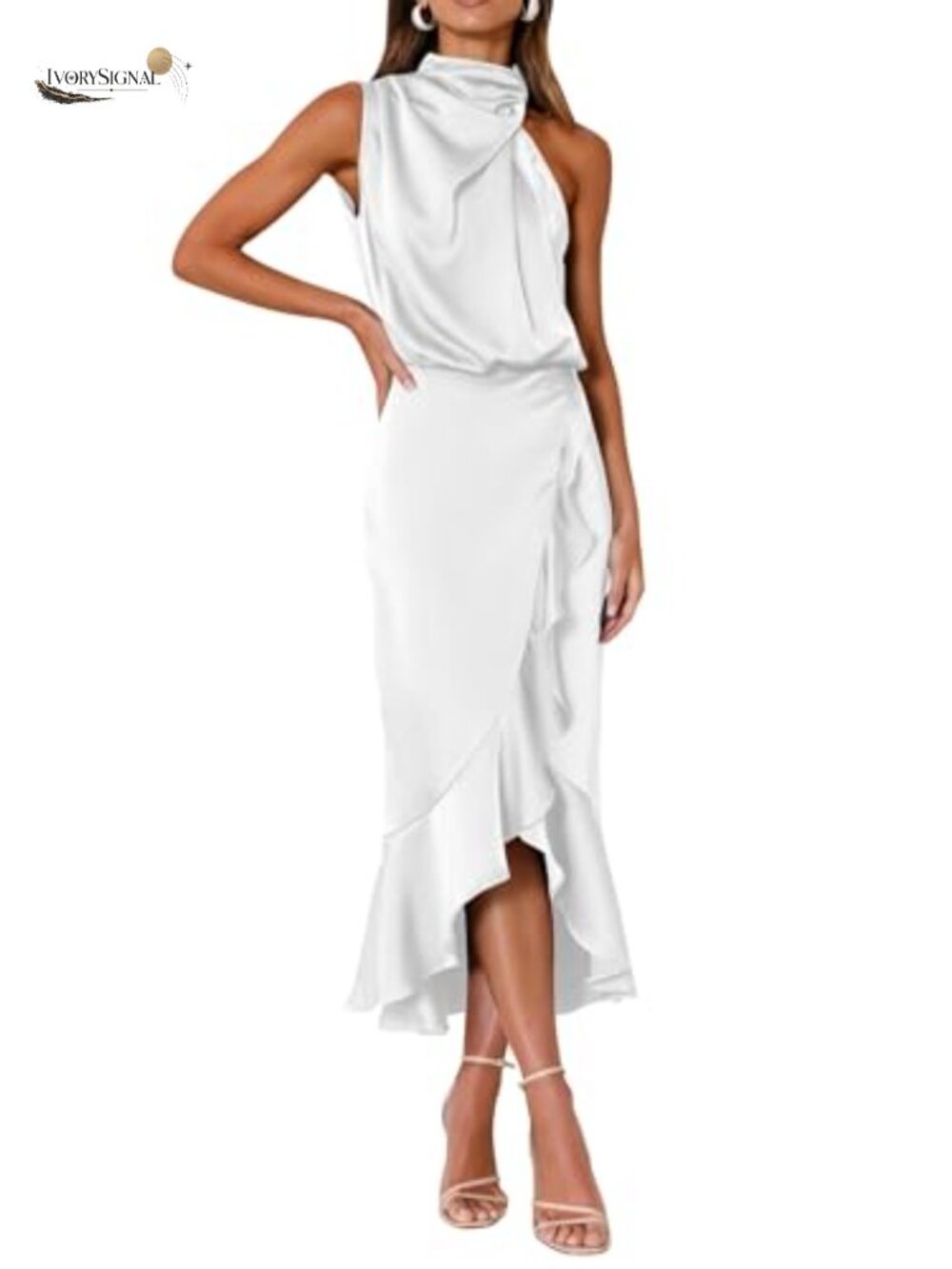 Women's Satin Mock Neck Mermaid Dress Sleeveless Wrap Ruffle Formal